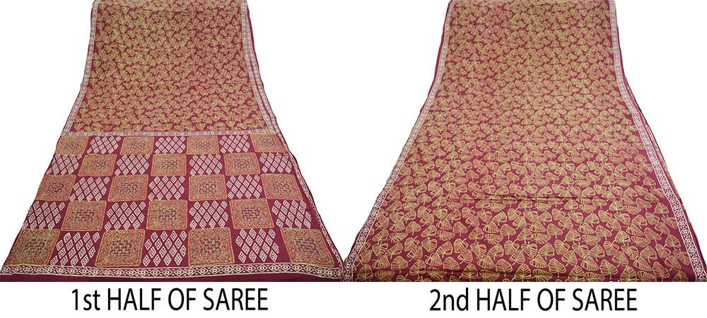 Indian Vintage Sari Peach Hand Block Print Pure Cotton Saree Soft Floral 5Yd Sarong Wrap Boho Fabric Kimono Soft