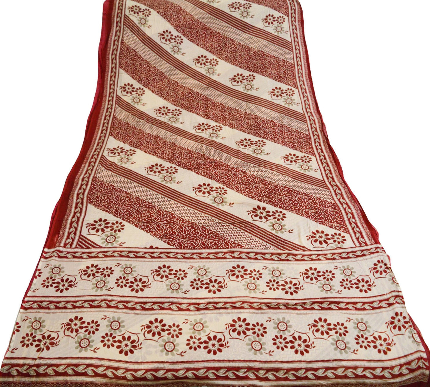 Indian Vintage Sari Maroon & Beige Printed 100% Pure Cotton Saree Craft Soft Fabric 5Yard Sewing Sarong Wrap Floral