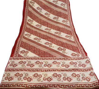 Indian Vintage Sari Maroon & Beige Printed 100% Pure Cotton Saree Craft Soft Fabric 5Yard Sewing Sarong Wrap Floral