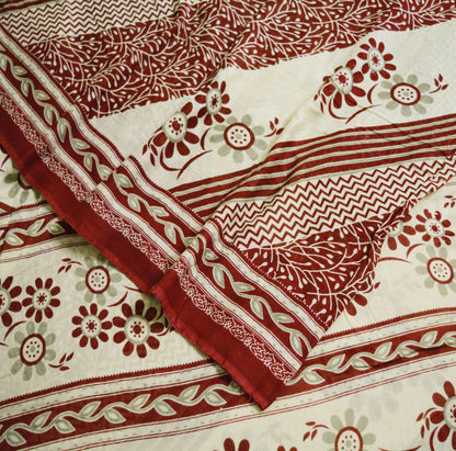 Indian Vintage Sari Maroon & Beige Printed 100% Pure Cotton Saree Craft Soft Fabric 5Yard Sewing Sarong Wrap Floral