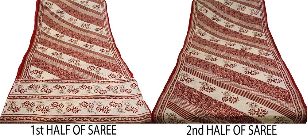 Indian Vintage Sari Maroon & Beige Printed 100% Pure Cotton Saree Craft Soft Fabric 5Yard Sewing Sarong Wrap Floral