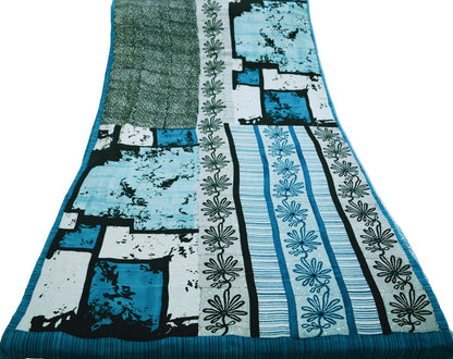 Indian Vintage Sari White & Blue Pure Crepe Silk Printed Saree 5yard Sewing Floral Soft Craft Fabric Wrap