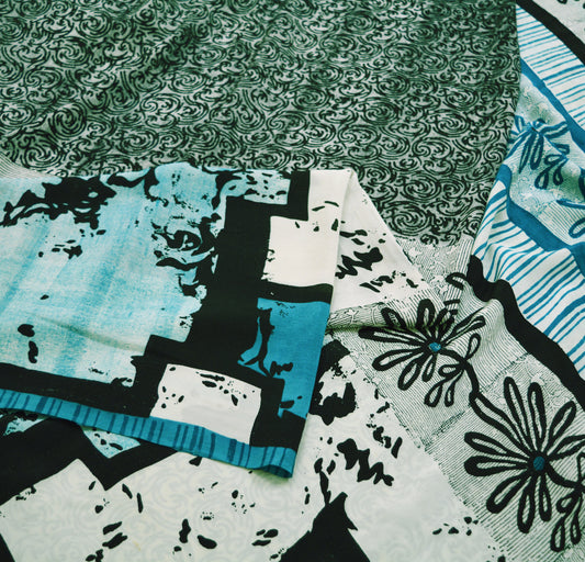 Indian Vintage Sari White & Blue Pure Crepe Silk Printed Saree 5yard Sewing Floral Soft Craft Fabric Wrap