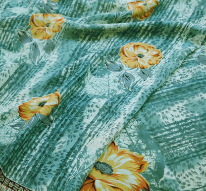 Indian Vintage Sari Gray Pure Crepe Silk Printed Saree 5yard Sewing Floral Soft Craft Fabric Wrap