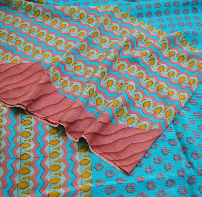 Indian Vintage Sari Blue Pure Crepe Silk Printed Saree 5yard Sewing Floral Soft Craft Fabric Wrap