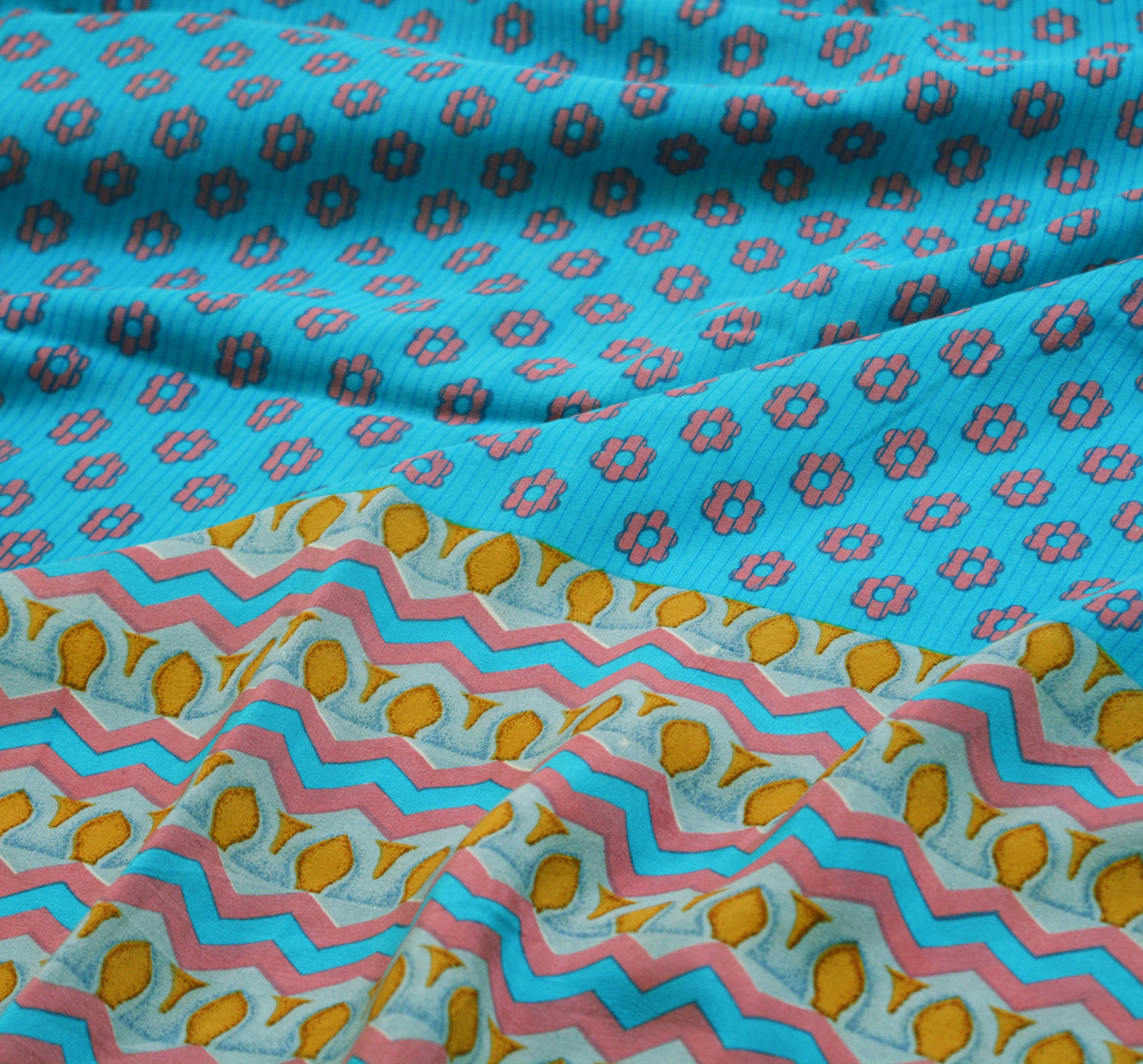 Indian Vintage Sari Blue Pure Crepe Silk Printed Saree 5yard Sewing Floral Soft Craft Fabric Wrap