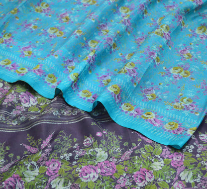 Indian Vintage Sari Blue Pure Silk Printed Saree Fabric 5yard Sewing Craft Fabric DressMaking Soft Wrap Floral