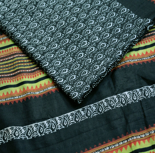 Vintage Sari Black Pure Silk Printed Saree Craft Fabric 5yard Sewing Floral Soft Dress Designing  for Crafting