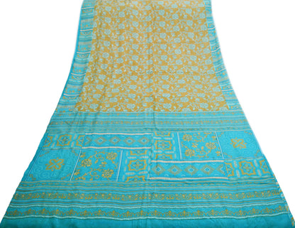 Indian Vintage Sari Saffron & Blue 100% Pure Silk Printed Saree Fabric 5yd Sewing Craft Fabric DressMaking Floral