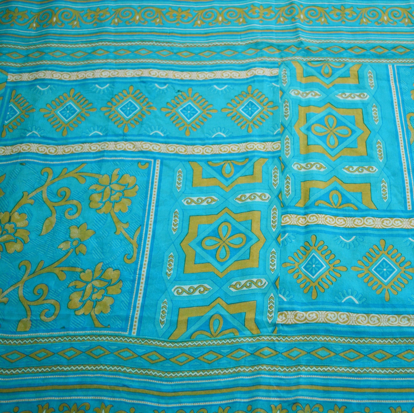 Indian Vintage Sari Saffron & Blue 100% Pure Silk Printed Saree Fabric 5yd Sewing Craft Fabric DressMaking Floral