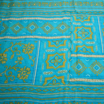 Indian Vintage Sari Saffron & Blue 100% Pure Silk Printed Saree Fabric 5yd Sewing Craft Fabric DressMaking Floral