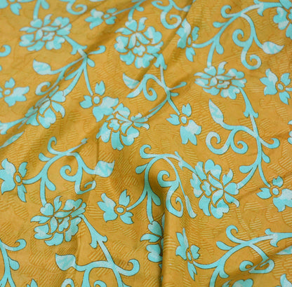 Indian Vintage Sari Saffron & Blue 100% Pure Silk Printed Saree Fabric 5yd Sewing Craft Fabric DressMaking Floral