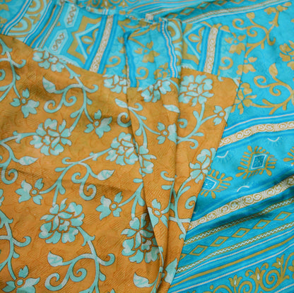 Indian Vintage Sari Saffron & Blue 100% Pure Silk Printed Saree Fabric 5yd Sewing Craft Fabric DressMaking Floral