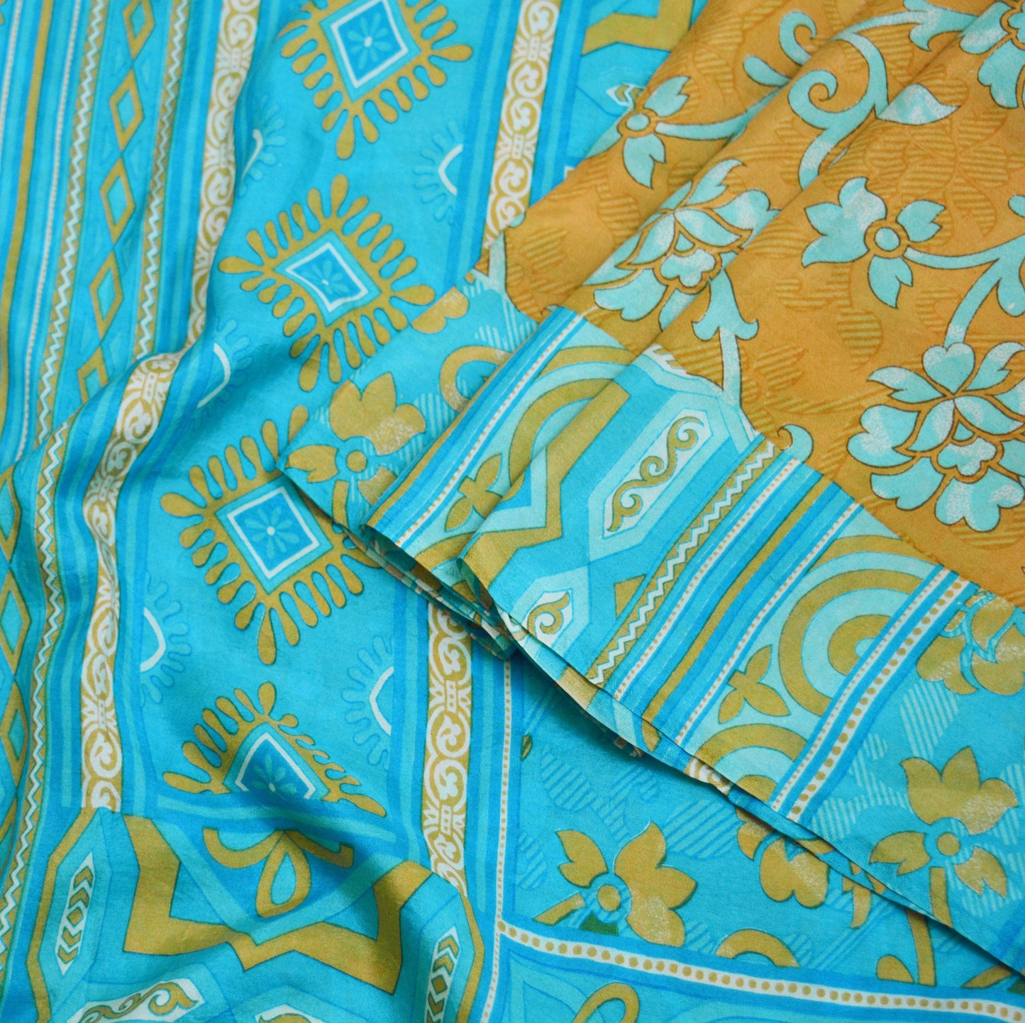 Indian Vintage Sari Saffron & Blue 100% Pure Silk Printed Saree Fabric 5yd Sewing Craft Fabric DressMaking Floral