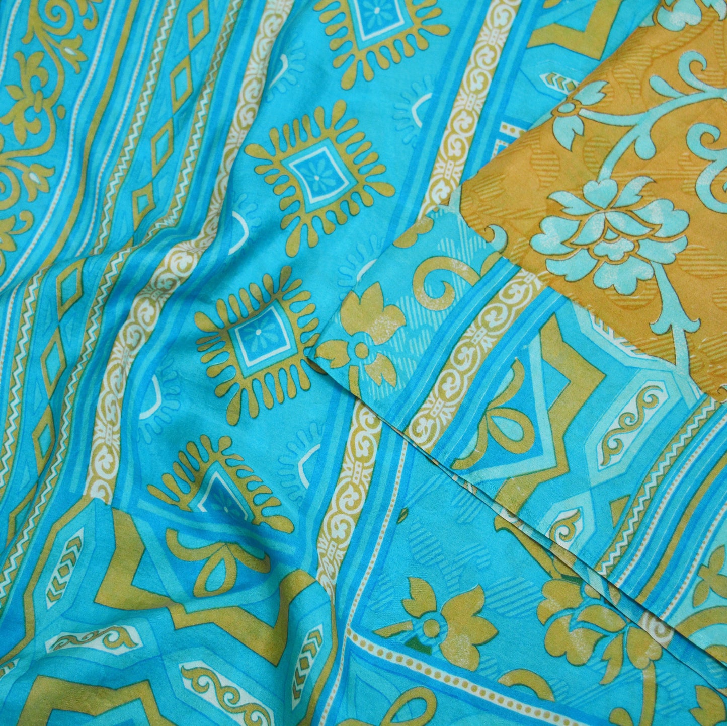 Indian Vintage Sari Saffron & Blue 100% Pure Silk Printed Saree Fabric 5yd Sewing Craft Fabric DressMaking Floral