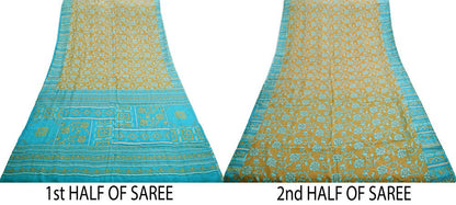 Indian Vintage Sari Saffron & Blue 100% Pure Silk Printed Saree Fabric 5yd Sewing Craft Fabric DressMaking Floral