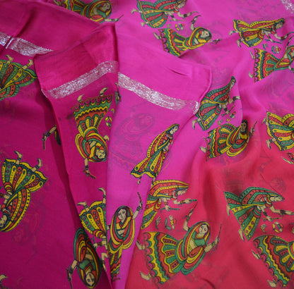 Indian Vintage Sari Red & Pink Blend Georgette Printed Saree Sewing 5yard Soft Craft Floral Design Wrap Boho