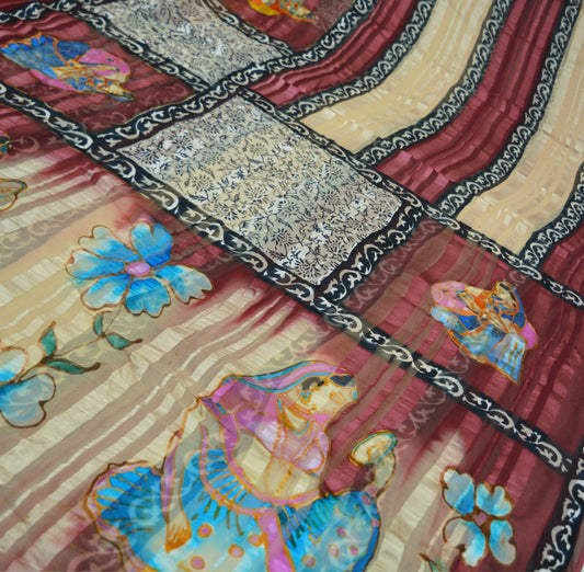 Women Vintage Sari Maroon & Beige  Pure Chiffon Silk Saree Craft Fabric Sewing 6Yard Soft Light Sari Dress Making
