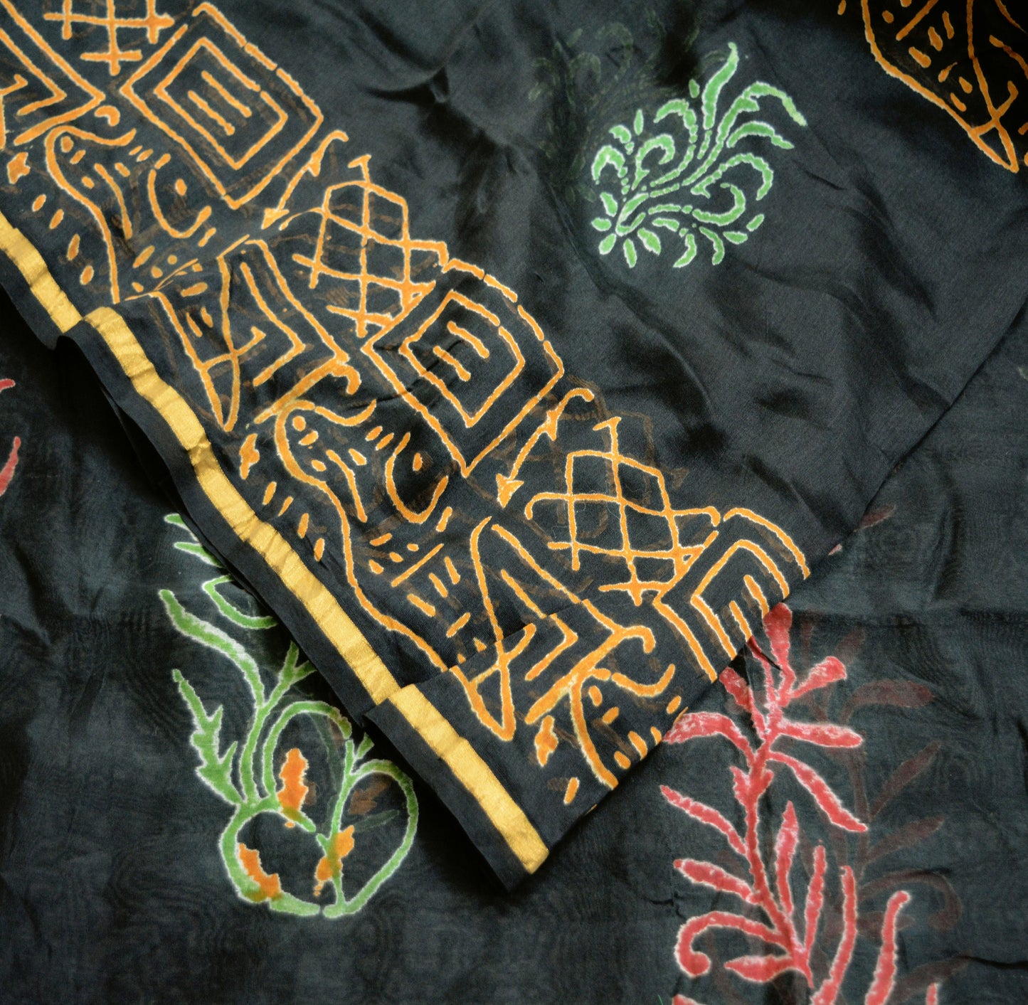 Indian Vintage Black Dupatta Long Stole Block Print Pure Chanderi Silk Indian Scarves Veil Golden Zari