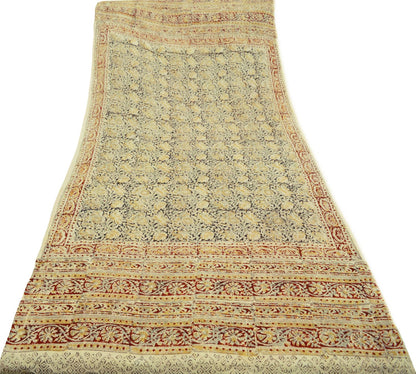 Indian Brown & Cream Vintage Dupatta Long Stole Block Print 100% Pure Cotton Indian Scarf Veil Soft Floral