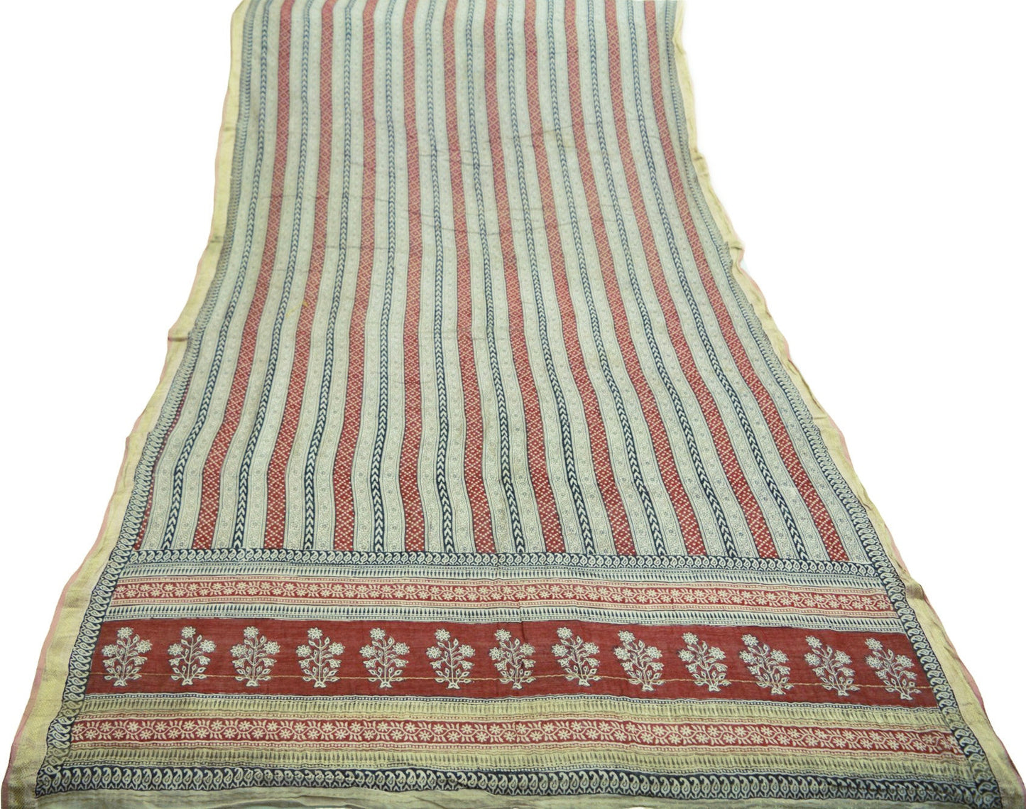 Indian Cream & Red Vintage Dupatta Long Stole Block Print Pure Chanderi Silk Indian Scarves Veil Golden Zari Soft Floral