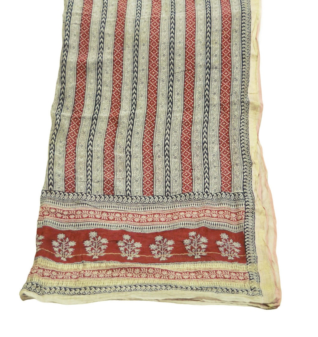 Indian Cream & Red Vintage Dupatta Long Stole Block Print Pure Chanderi Silk Indian Scarves Veil Golden Zari Soft Floral