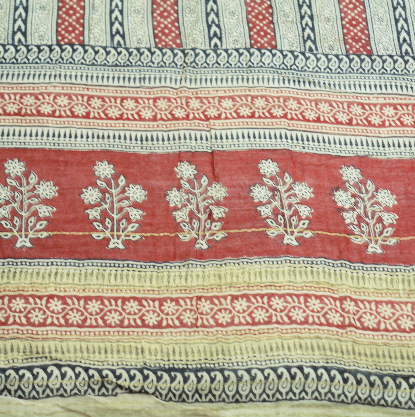 Indian Cream & Red Vintage Dupatta Long Stole Block Print Pure Chanderi Silk Indian Scarves Veil Golden Zari Soft Floral