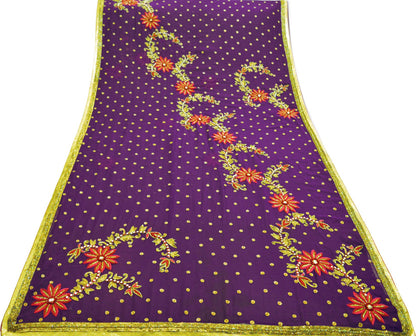 Indian Vintage Purple Saree Pure Georgette Silk Hand Beaded Indian Sari Fabric 5Yard Sewing Soft Ethnic Glass Beaded