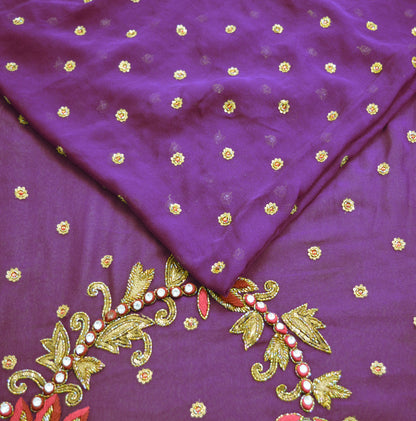 Indian Vintage Purple Saree Pure Georgette Silk Hand Beaded Indian Sari Fabric 5Yard Sewing Soft Ethnic Glass Beaded