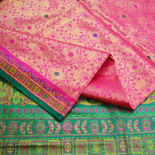 Indian Vintage Heavy Saree Green & Pink Hand Woven Kanjivaram 100% Pure Silk Indian Sari Fabric 5Yard Ethnic Zari Floral