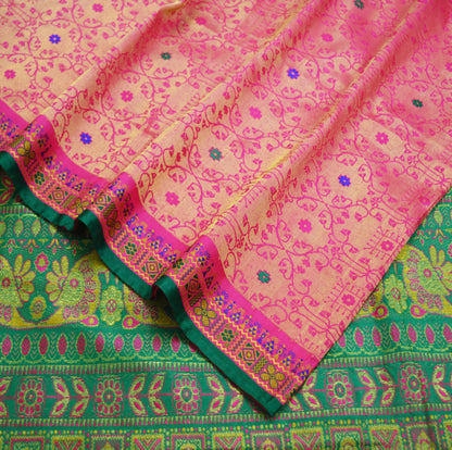 Indian Vintage Heavy Saree Green & Pink Hand Woven Kanjivaram 100% Pure Silk Indian Sari Fabric 5Yard Ethnic Zari Floral