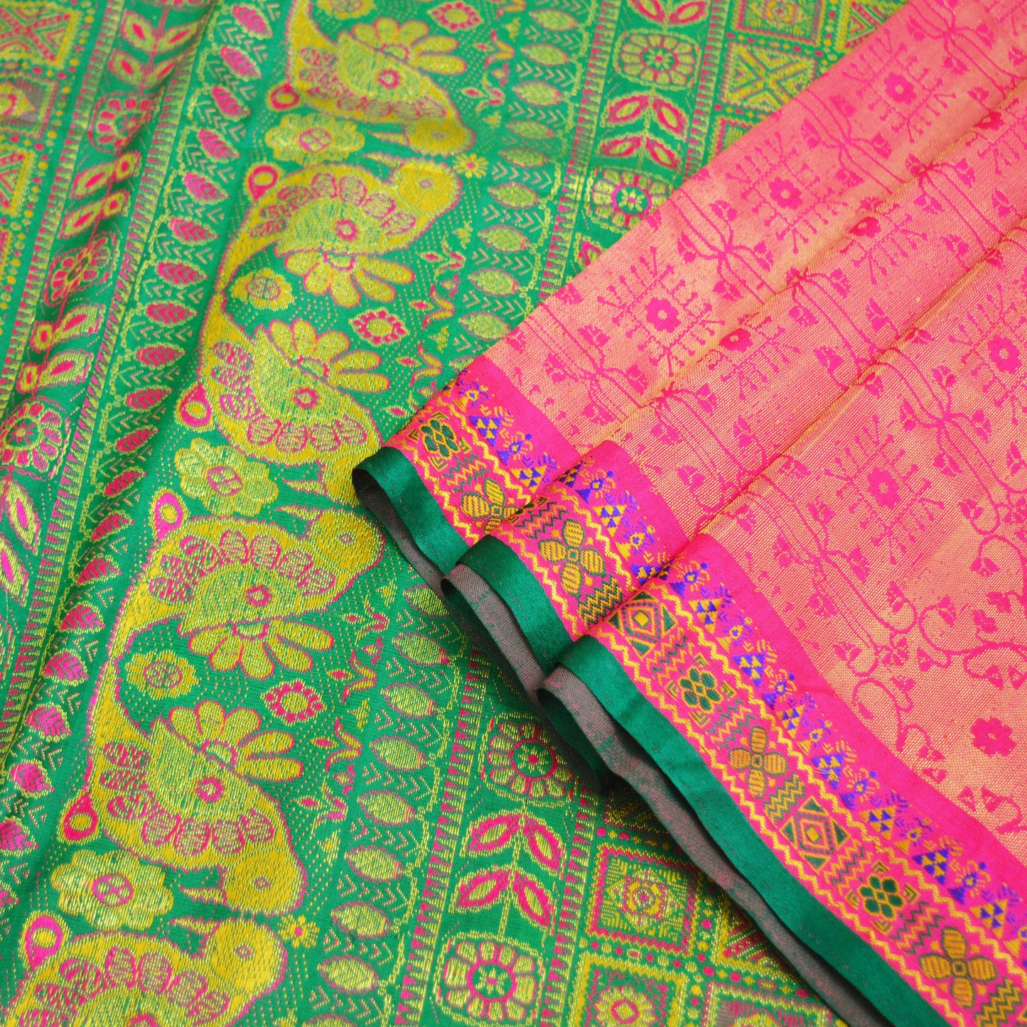 Indian Vintage Heavy Saree Green & Pink Hand Woven Kanjivaram 100% Pure Silk Indian Sari Fabric 5Yard Ethnic Zari Floral