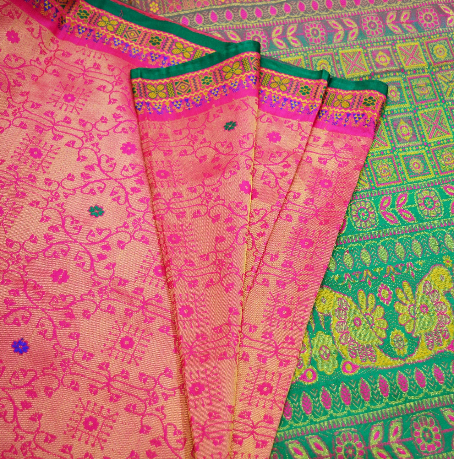 Indian Vintage Heavy Saree Green & Pink Hand Woven Kanjivaram 100% Pure Silk Indian Sari Fabric 5Yard Ethnic Zari Floral