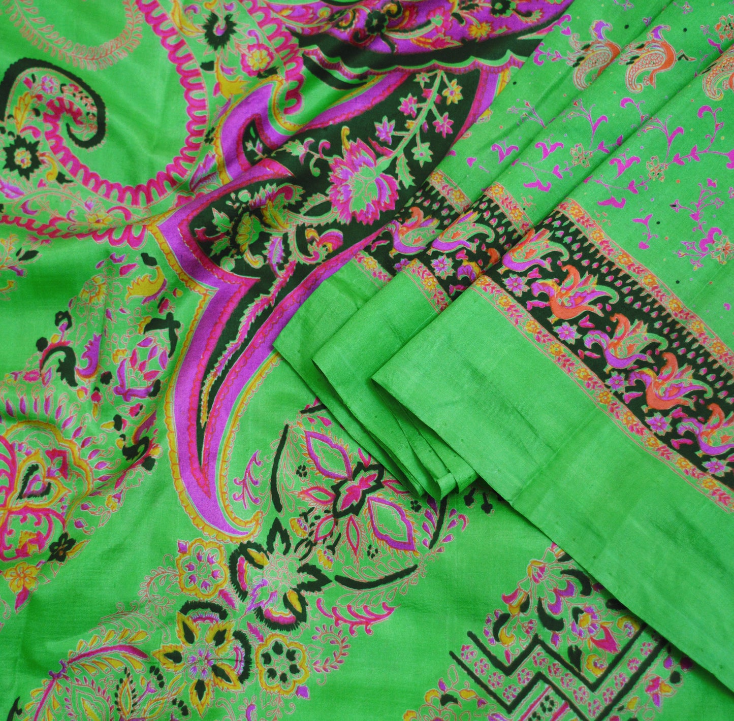 Indian Vintage Sari Green Pure Silk Printed Saree Fabric 6yd Sewing Craft DressMaking  Soft Floral Design