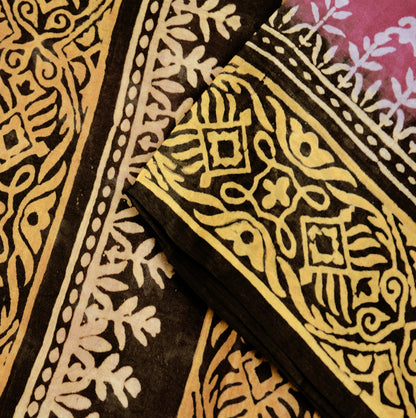 Indian Vintage Sari Black & Pink Block Printed Sari Pure Silk Saree Fabric 5Yard Geometric Soft Dress designing Dress making