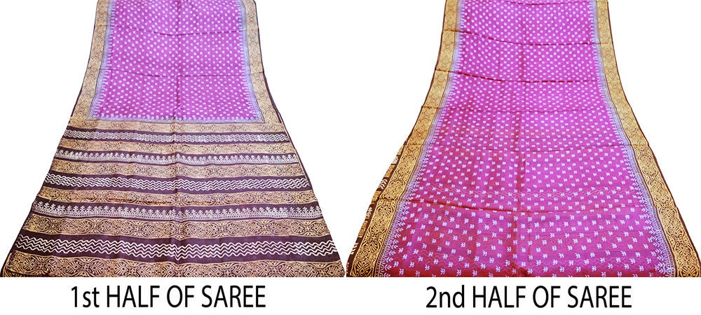 Indian Vintage Sari Black & Pink Block Printed Sari Pure Silk Saree Fabric 5Yard Geometric Soft Dress designing Dress making
