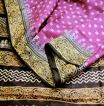 Indian Vintage Sari Black & Pink Block Printed Sari Pure Silk Saree Fabric 5Yard Geometric Soft Dress designing Dress making
