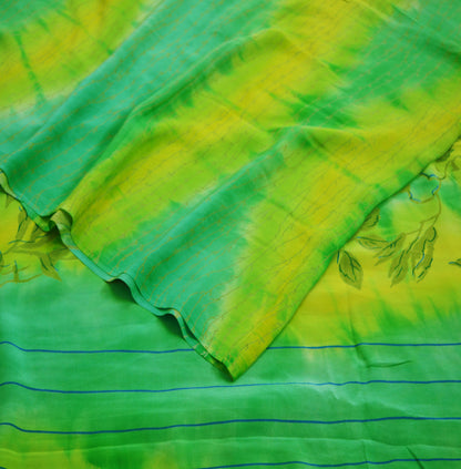 Indian Vintage Sari Yellow &Green Pure Crepe Silk Printed Saree 5yard Sewing Floral Soft Craft Fabric Wrap