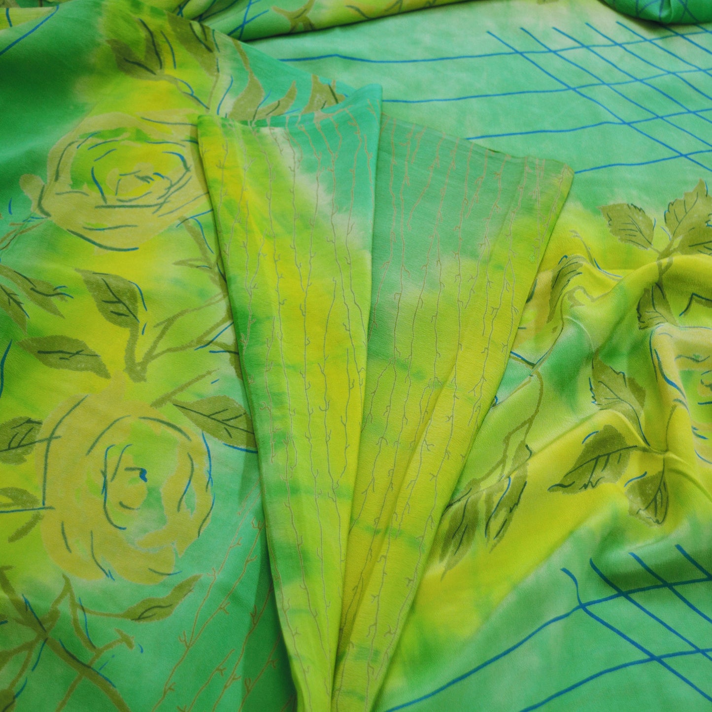 Indian Vintage Sari Yellow &Green Pure Crepe Silk Printed Saree 5yard Sewing Floral Soft Craft Fabric Wrap