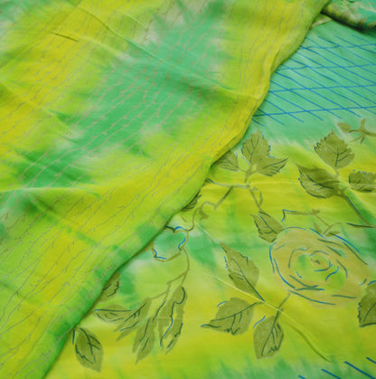 Indian Vintage Sari Yellow &Green Pure Crepe Silk Printed Saree 5yard Sewing Floral Soft Craft Fabric Wrap