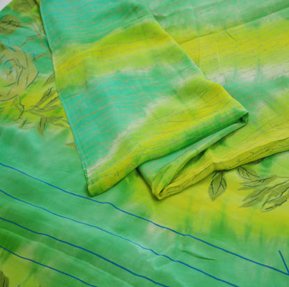 Indian Vintage Sari Yellow &Green Pure Crepe Silk Printed Saree 5yard Sewing Floral Soft Craft Fabric Wrap