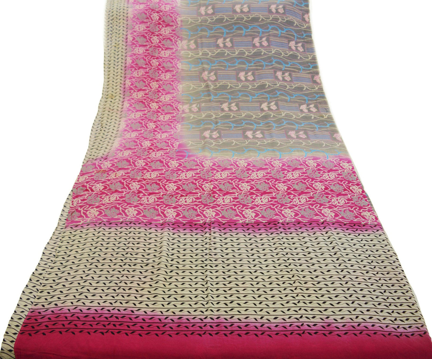 Indian Vintage Sari Cream & Pink Pure Crepe Silk Printed Saree 5yard Sewing Floral Soft Craft Fabric Wrap