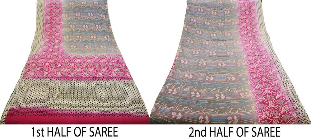 Indian Vintage Sari Cream & Pink Pure Crepe Silk Printed Saree 5yard Sewing Floral Soft Craft Fabric Wrap