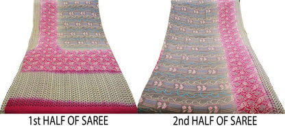 Indian Vintage Sari Cream & Pink Pure Crepe Silk Printed Saree 5yard Sewing Floral Soft Craft Fabric Wrap