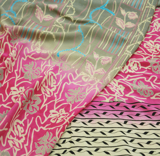 Indian Vintage Sari Cream & Pink Pure Crepe Silk Printed Saree 5yard Sewing Floral Soft Craft Fabric Wrap