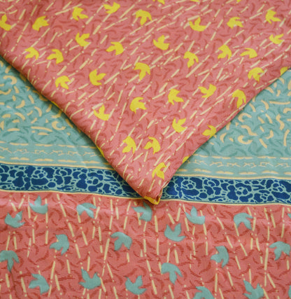 Indian Vintage Sari Green & Pink Pure Crepe Silk Printed Saree 5yard Sewing Floral Soft Craft Fabric Wrap