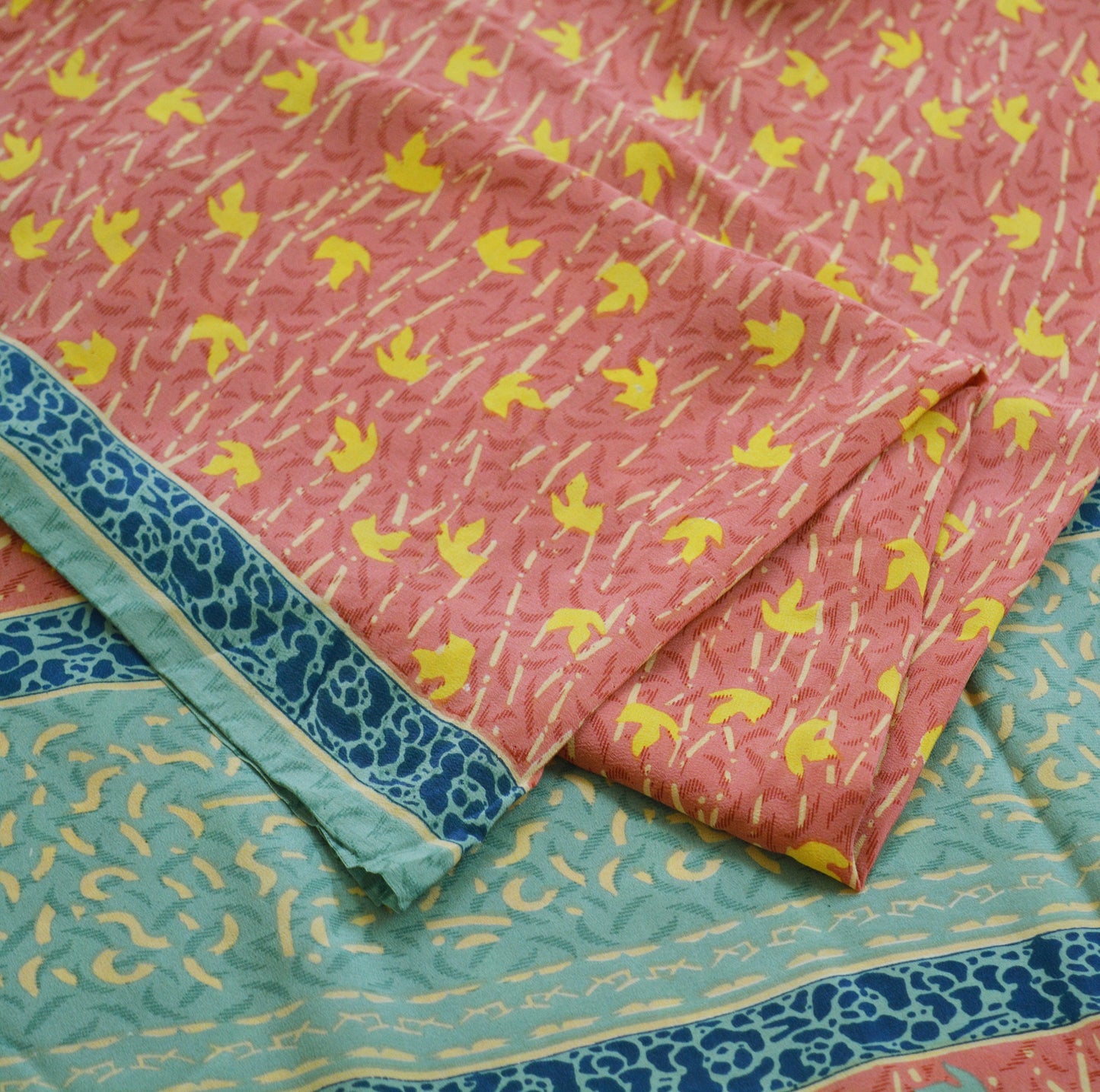 Indian Vintage Sari Green & Pink Pure Crepe Silk Printed Saree 5yard Sewing Floral Soft Craft Fabric Wrap