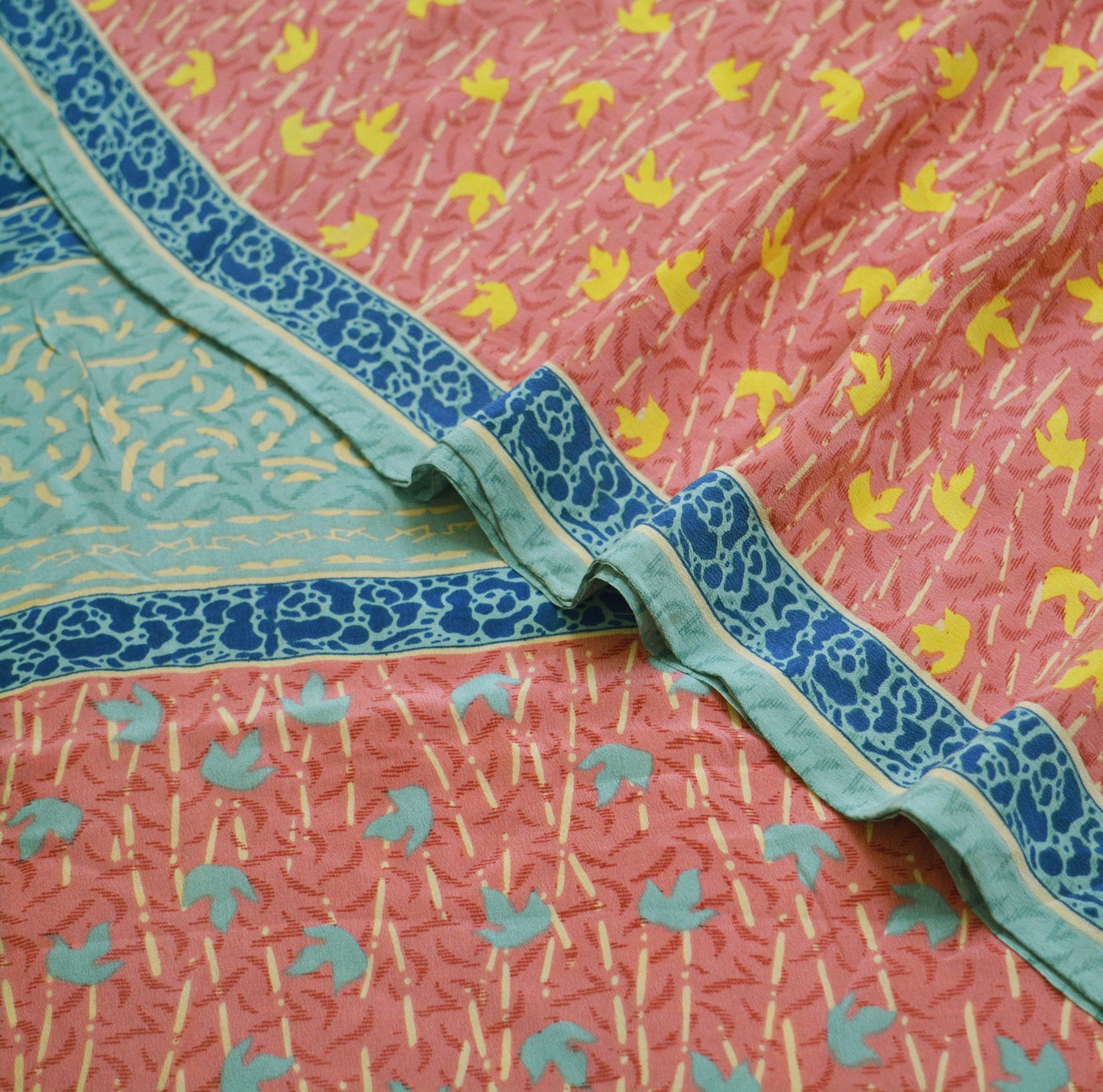 Indian Vintage Sari Green & Pink Pure Crepe Silk Printed Saree 5yard Sewing Floral Soft Craft Fabric Wrap