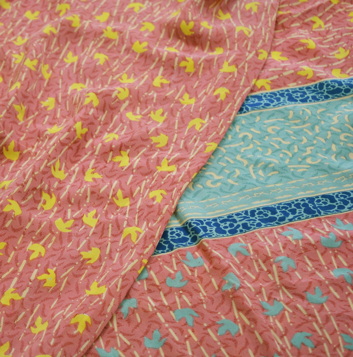 Indian Vintage Sari Green & Pink Pure Crepe Silk Printed Saree 5yard Sewing Floral Soft Craft Fabric Wrap