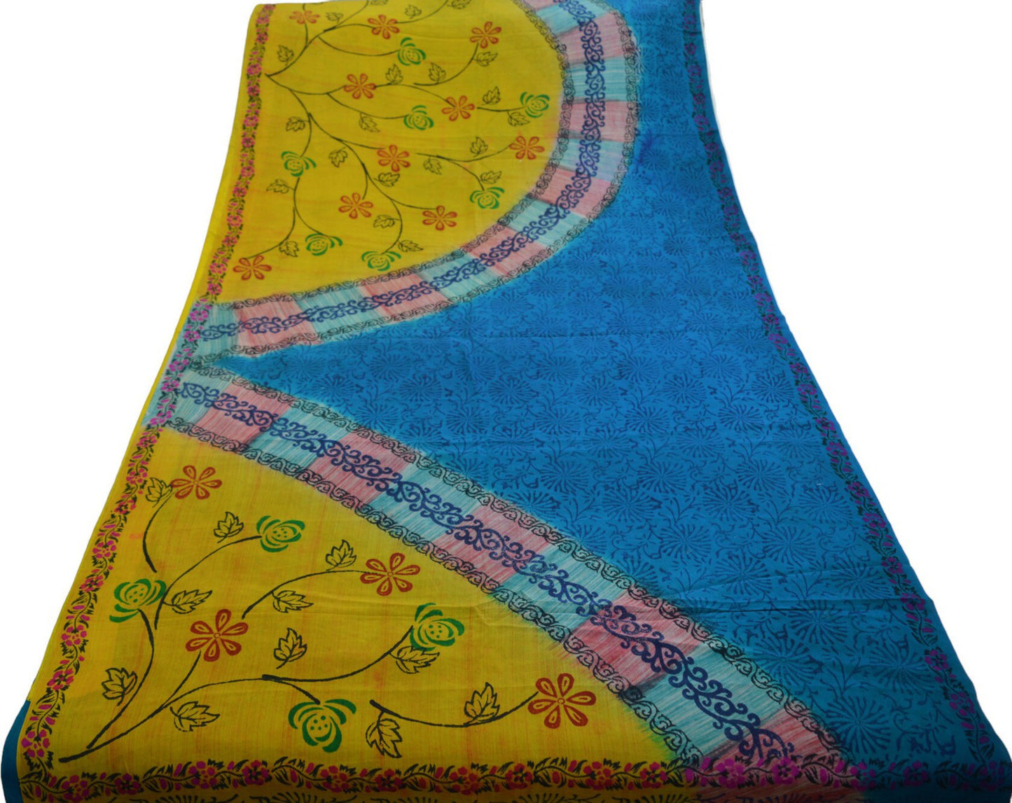 Indian Vintage Sari Blue & Yellow Pure Crepe Silk Block Printed Saree 5yard Sewing Floral Craft Fabric Wrap